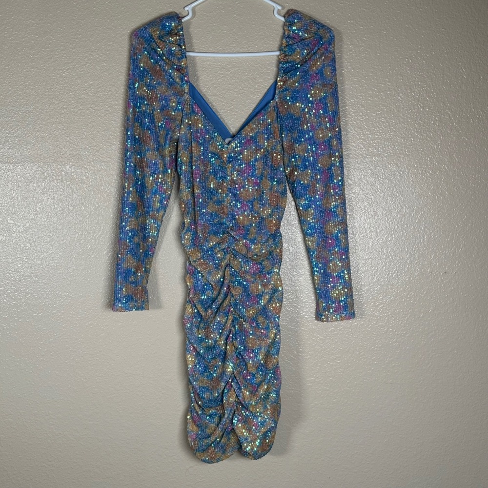 Saylor Multi Color Sequin Ruched Mini Dress Long Sleeve V-Neck Party Cocktail  S